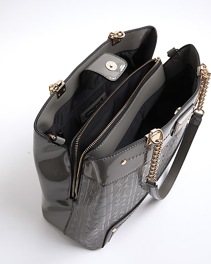 Grey Chain Handle Embossed Tote Bag