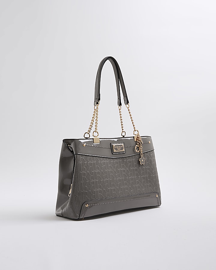 Grey Chain Handle Embossed Tote Bag