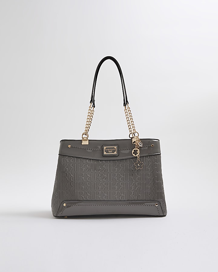 Grey Chain Handle Embossed Tote Bag