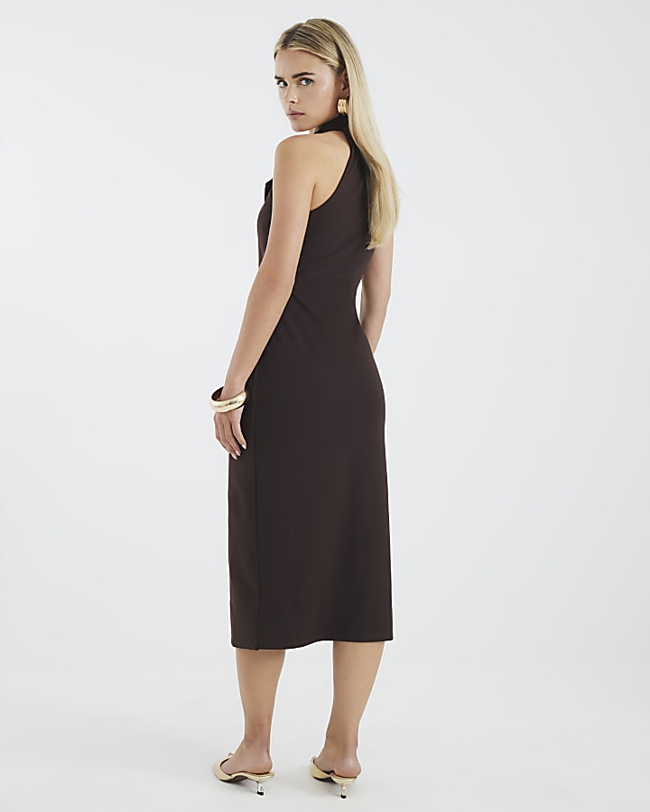 Petite Brown Halter Neck Midi Waistcoat Dress