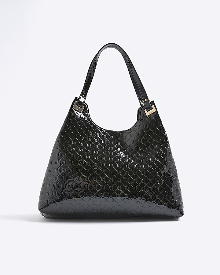 Black Embossed RI Monogram Chain Slouch Bag