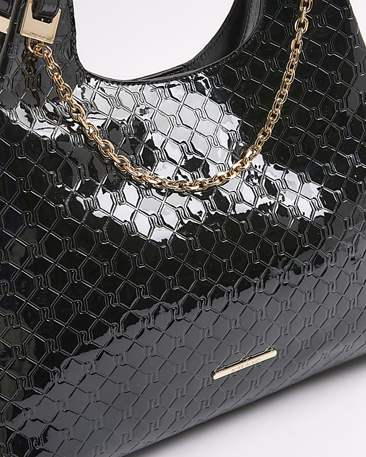 Black Embossed RI Monogram Chain Slouch Bag