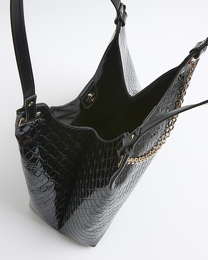 Black Embossed RI Monogram Chain Slouch Bag