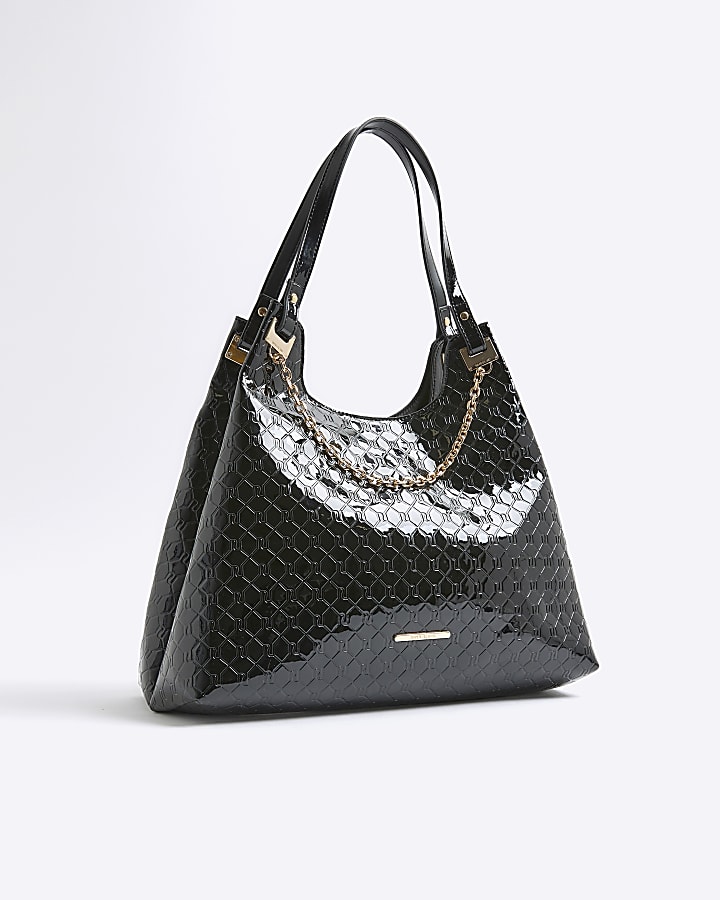 Black Embossed RI Monogram Chain Slouch Bag