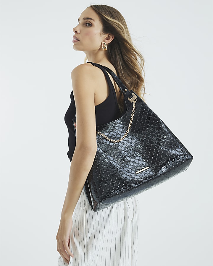Black Embossed RI Monogram Chain Slouch Bag