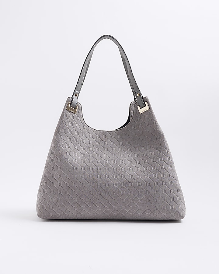 Grey Embossed Chain Front Shoulder Bag