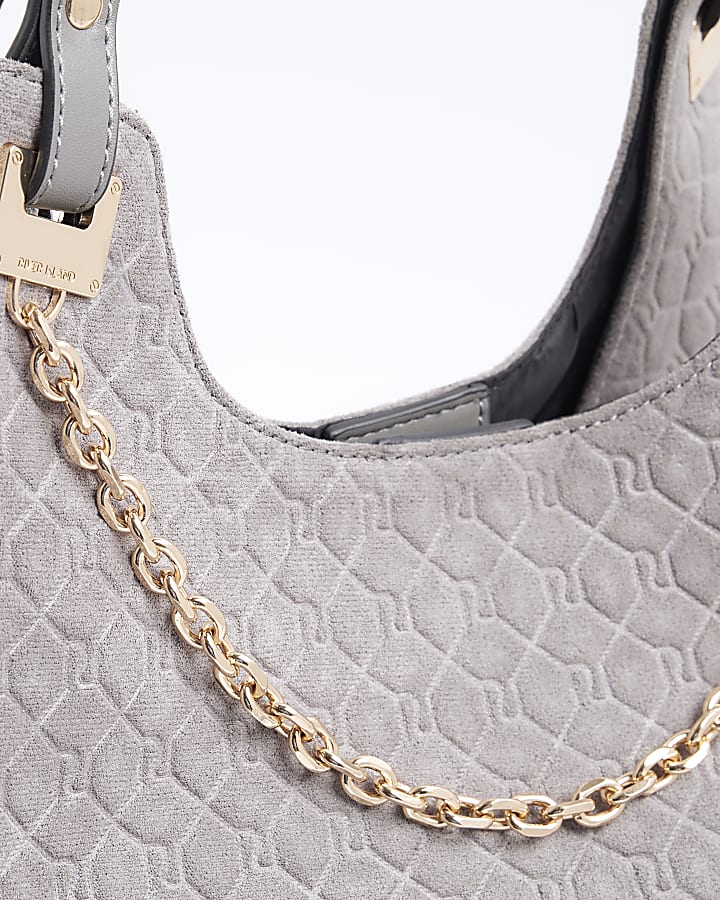Grey Embossed Chain Front Shoulder Bag