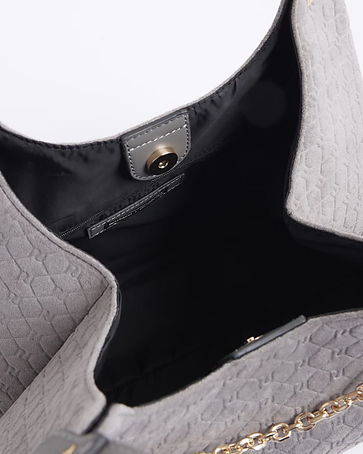 Grey Embossed Chain Front Shoulder Bag