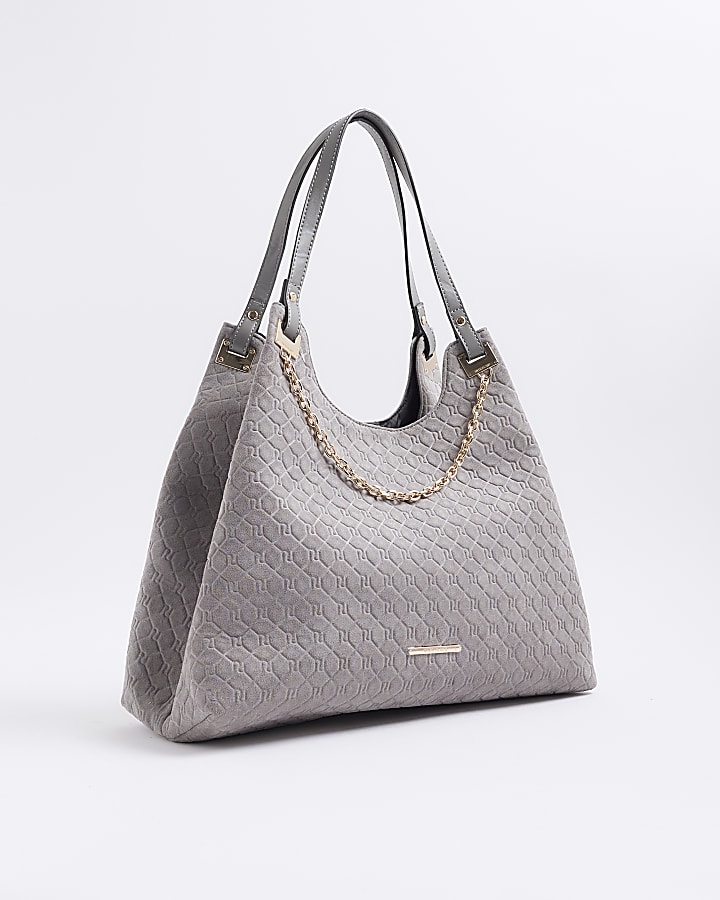 Grey Embossed Chain Front Shoulder Bag