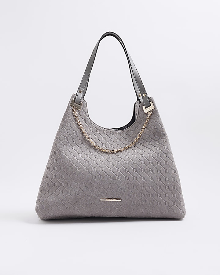 Grey Embossed Chain Front Shoulder Bag