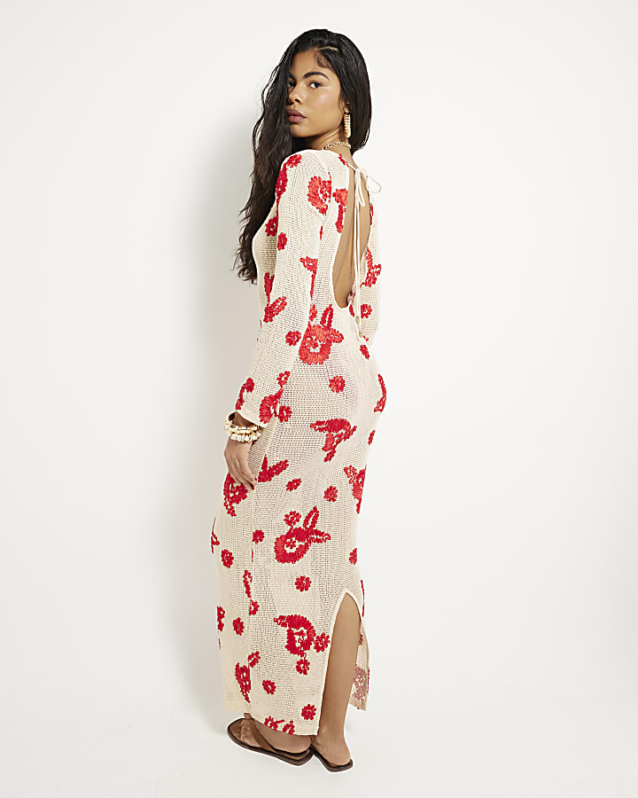 Red Floral Embroidered Crochet Midi Dress