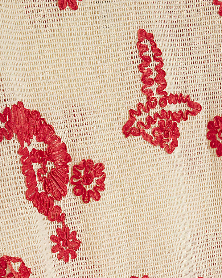 Red Floral Embroidered Crochet Midi Dress