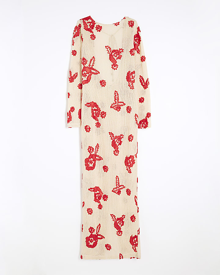 Red Floral Embroidered Crochet Midi Dress