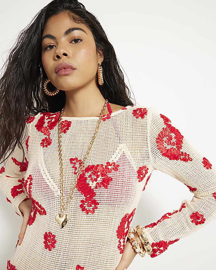 Red Floral Embroidered Crochet Midi Dress