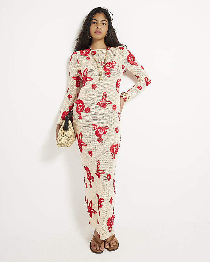 Red Floral Embroidered Crochet Midi Dress
