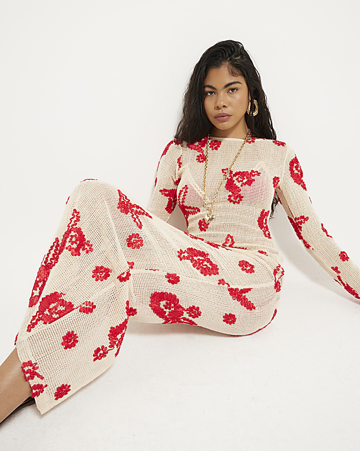 Red Floral Embroidered Crochet Midi Dress