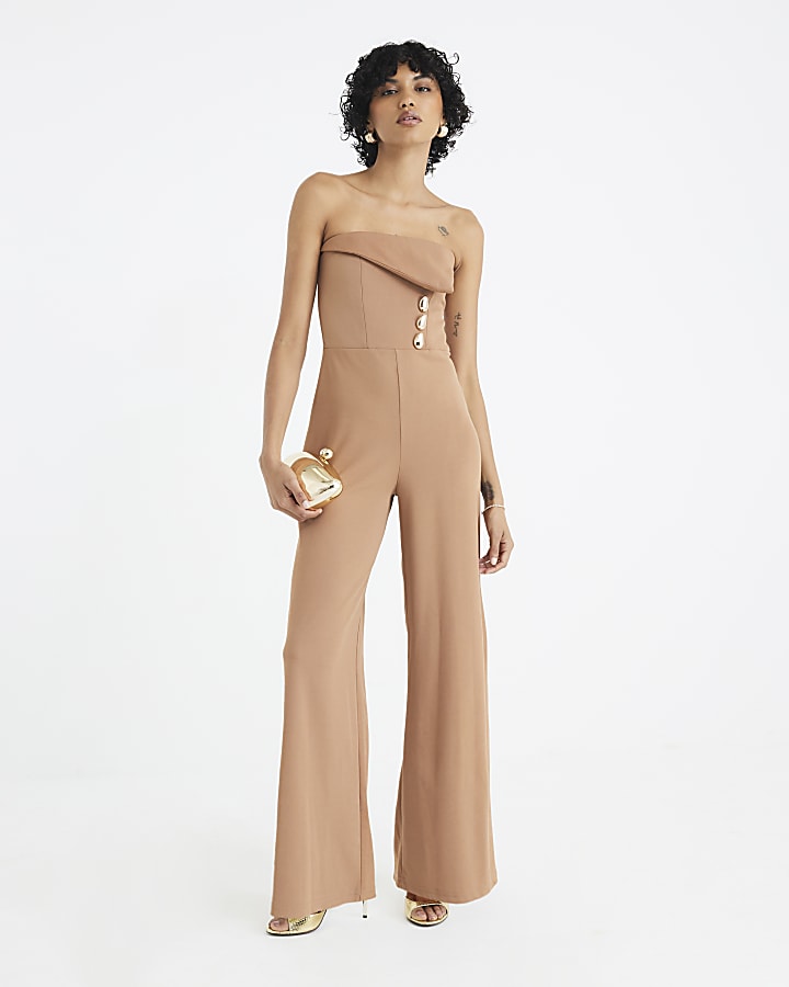 Beige Sleeveless Bandeau Gold Detail Jumpsuit