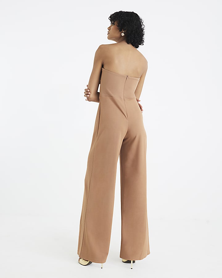 Beige Sleeveless Bandeau Gold Detail Jumpsuit