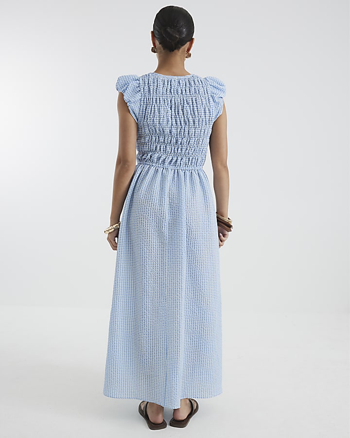 Petite Blue Gingham Shirred Midi Dress