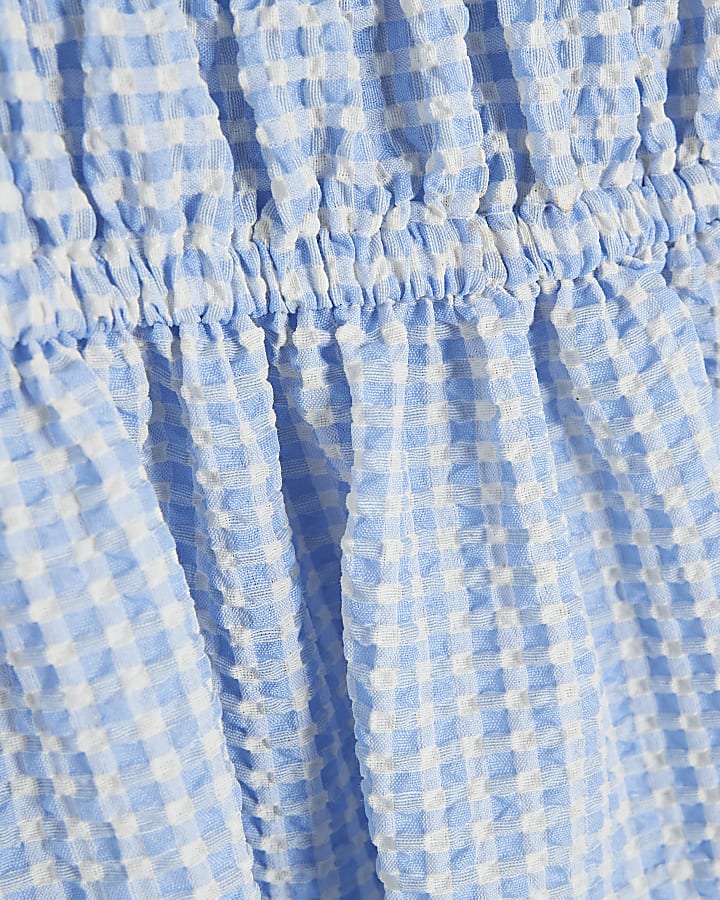 Petite Blue Gingham Shirred Midi Dress