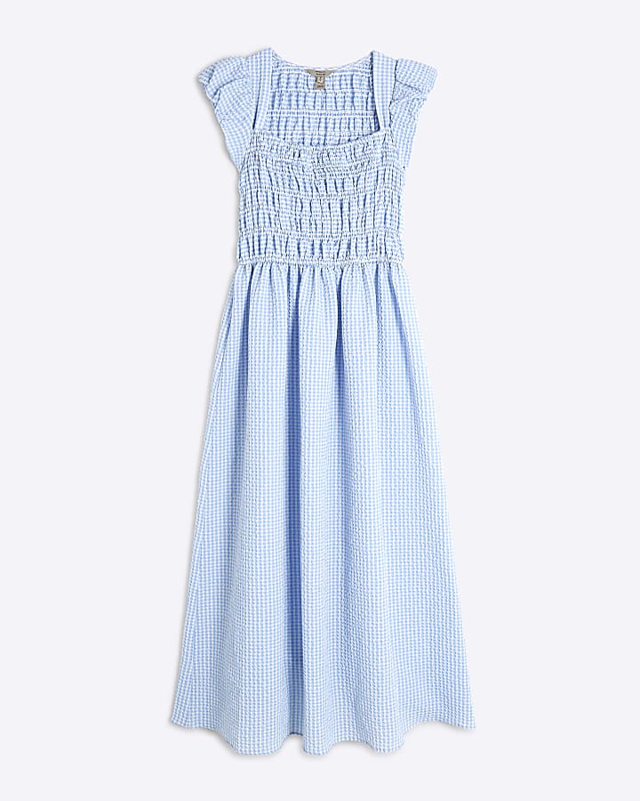 Petite Blue Gingham Shirred Midi Dress