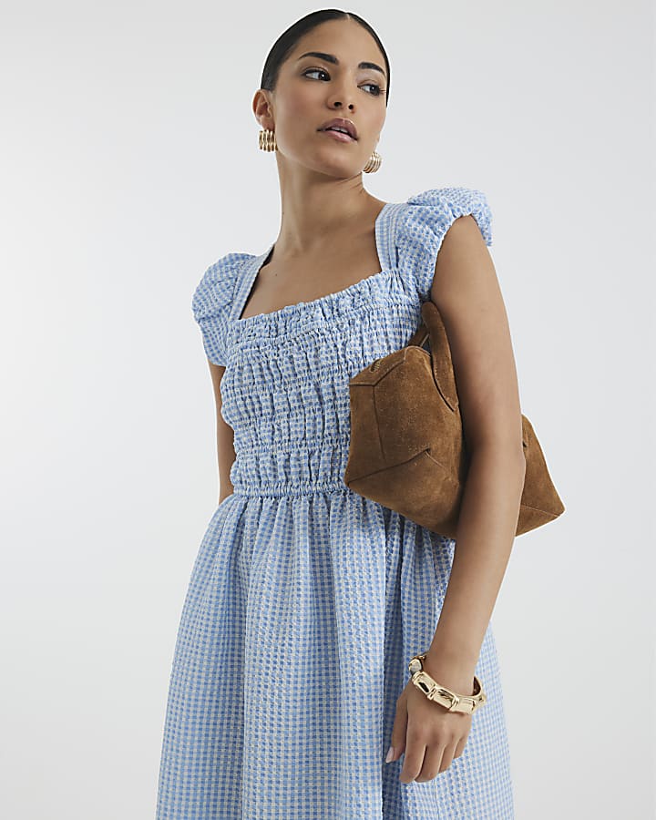 Petite Blue Gingham Shirred Midi Dress