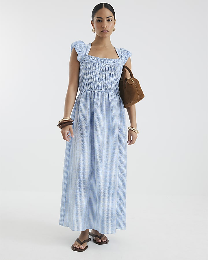 Petite Blue Gingham Shirred Midi Dress