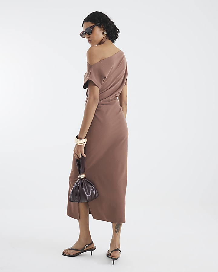 Brown Grown On Sleeve Crepe Midi Dress