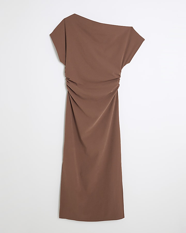 Brown Grown On Sleeve Crepe Midi Dress