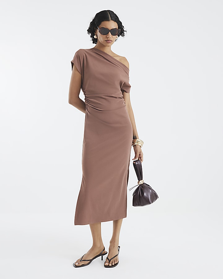 Brown Grown On Sleeve Crepe Midi Dress