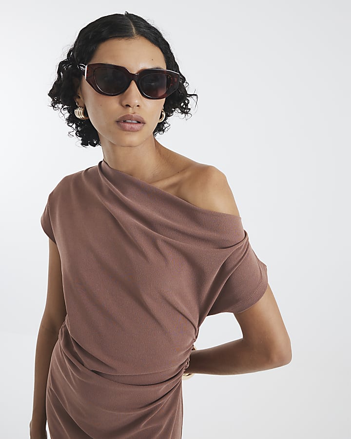 Brown Grown On Sleeve Crepe Midi Dress