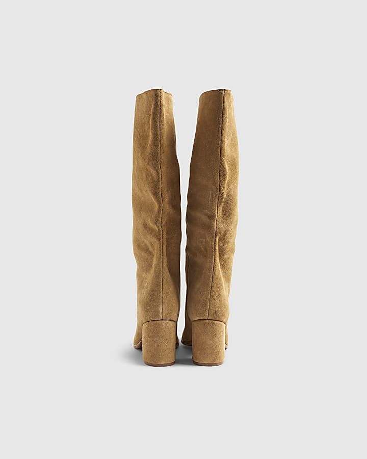 Brown Suede Block Heel High Leg Boots