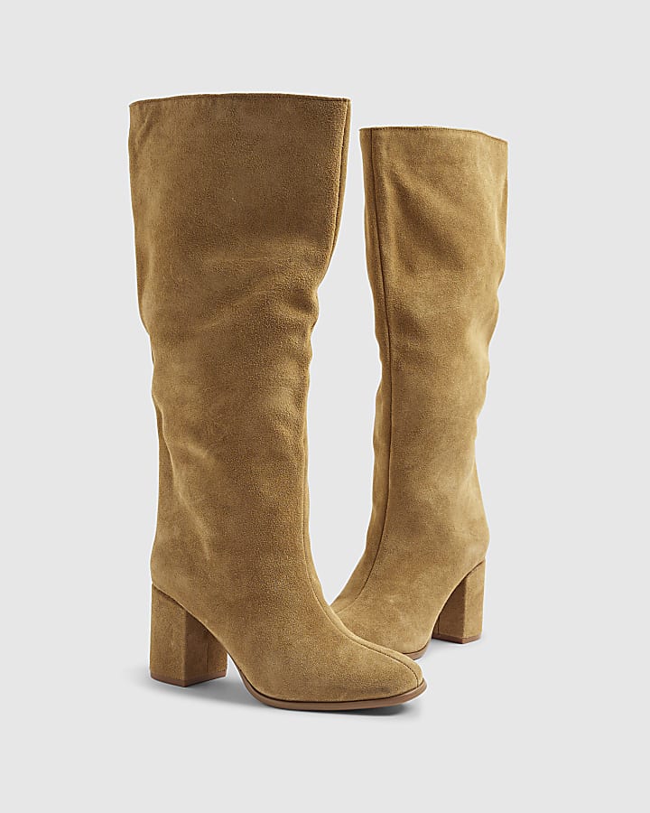 Brown Suede Block Heel High Leg Boots