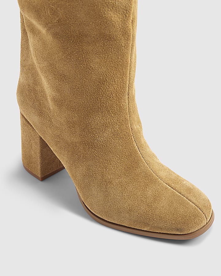 Brown Suede Block Heel High Leg Boots