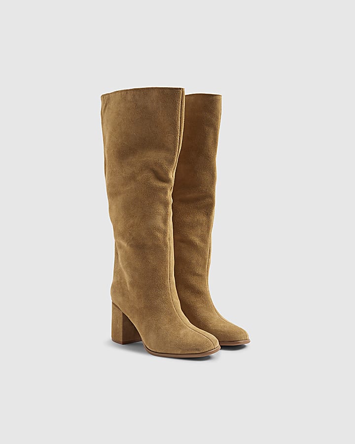 Brown Suede Block Heel High Leg Boots