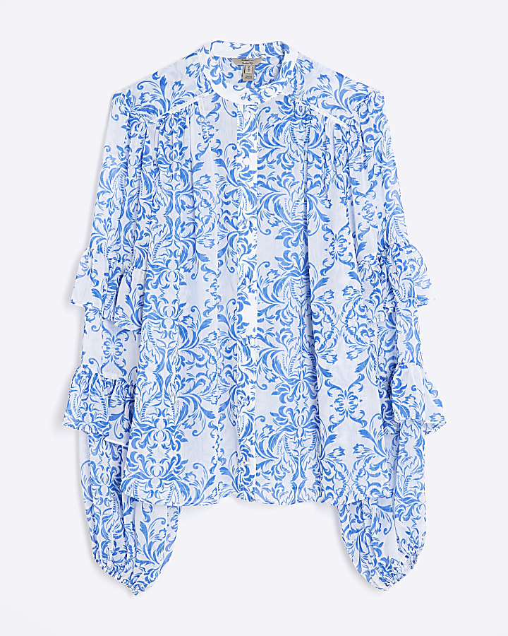 Blue Ruffle Long Sleeve Blouse