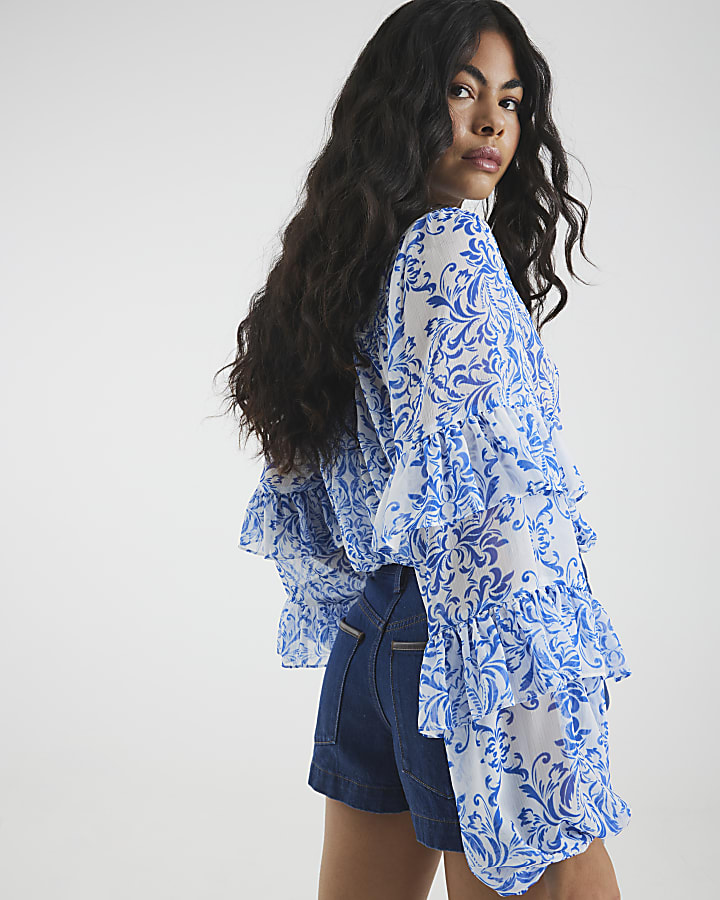 Blue Ruffle Long Sleeve Blouse