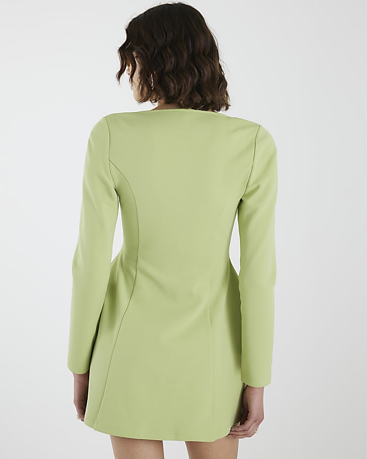 Green Long Sleeve Square Neck Mini Dress