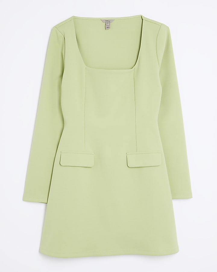 Green Long Sleeve Square Neck Mini Dress