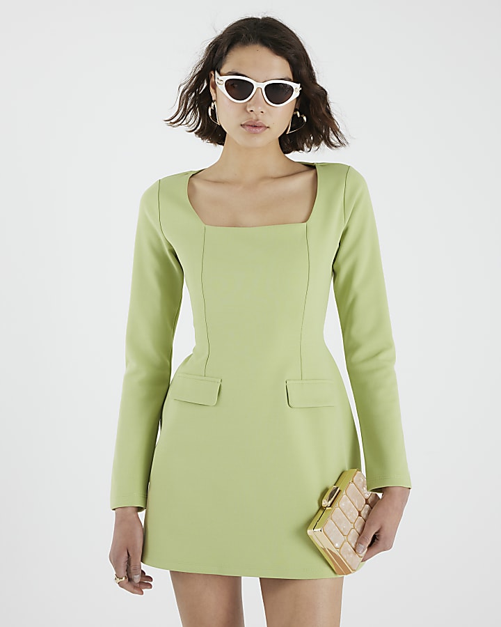 Green Long Sleeve Square Neck Mini Dress