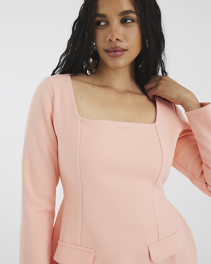 Pink Long Sleeve Square Neck Mini Dress