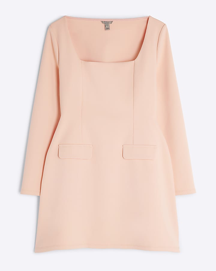 Pink Long Sleeve Square Neck Mini Dress