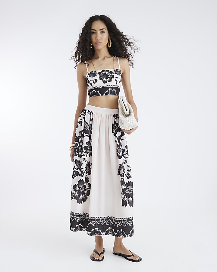 Cream Printed Beach Crop Top