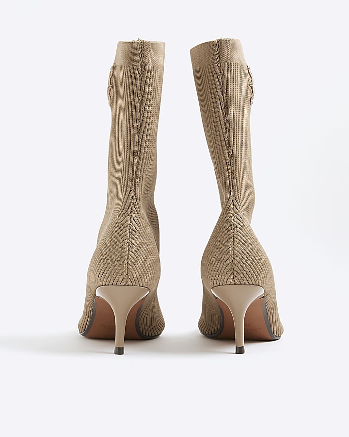Beige Knitted Embroidered Sock Boots