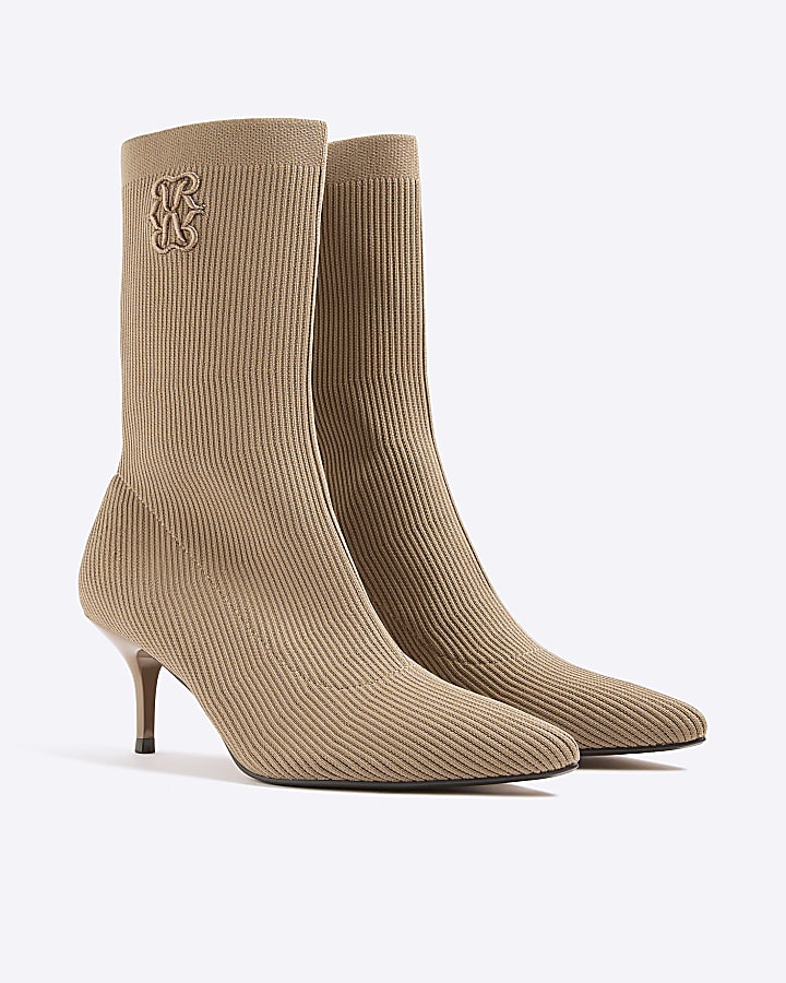 Beige Knitted Embroidered Sock Boots