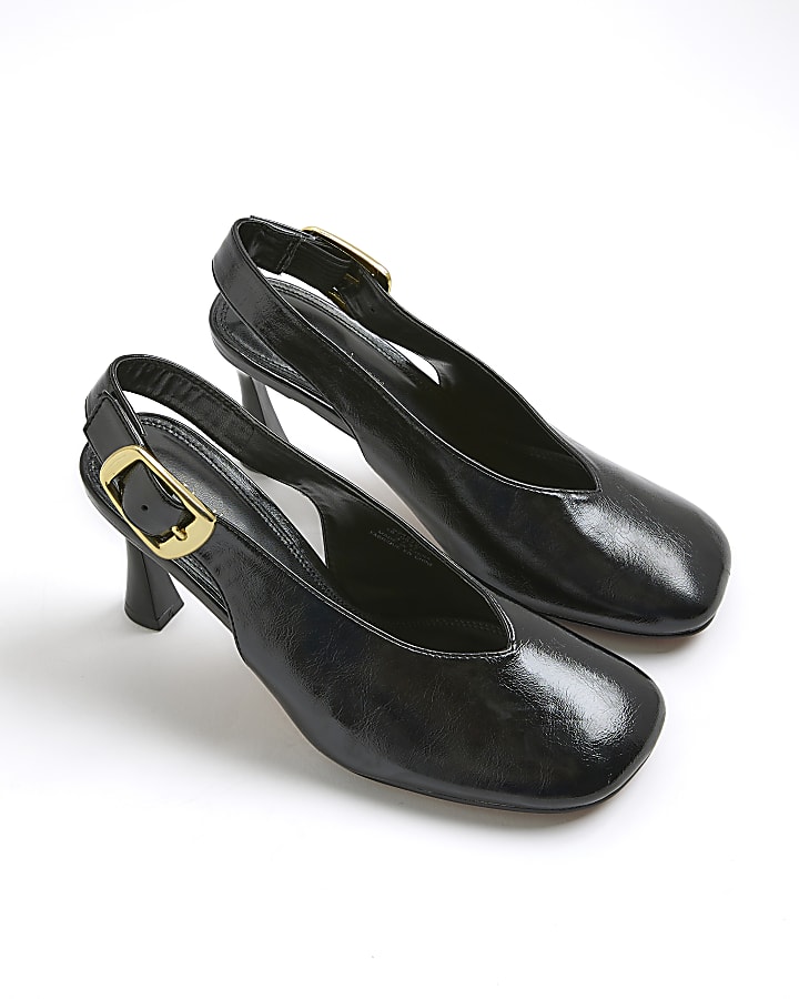 Black Buckle Sling Back Heeled Court Shoes