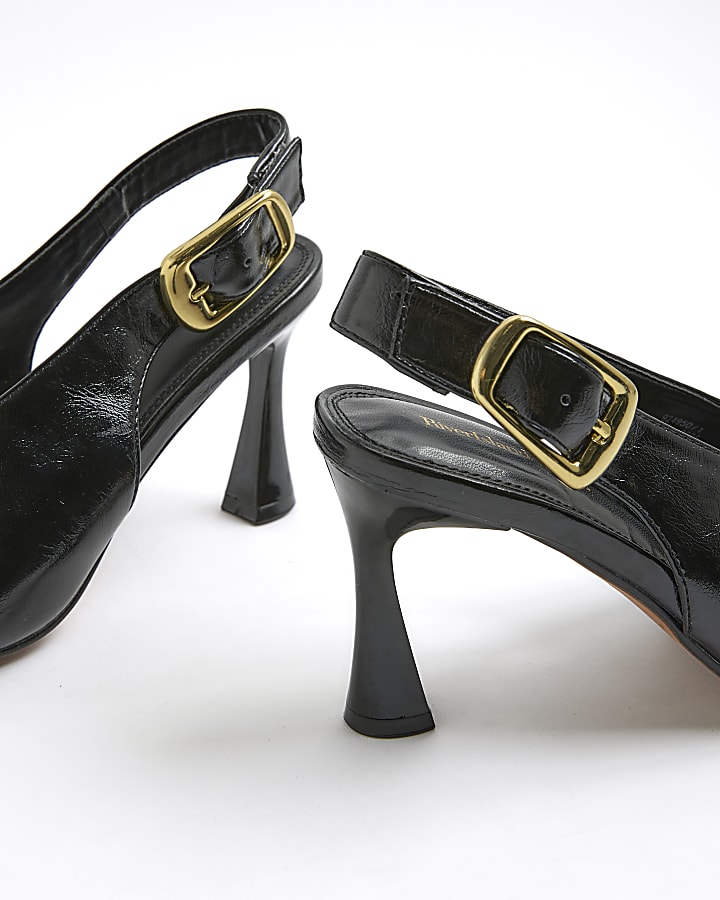 Black Buckle Sling Back Heeled Court Shoes