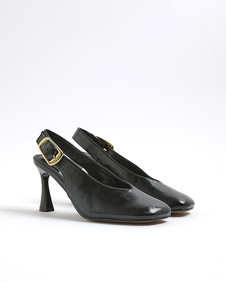 Black Buckle Sling Back Heeled Court Shoes