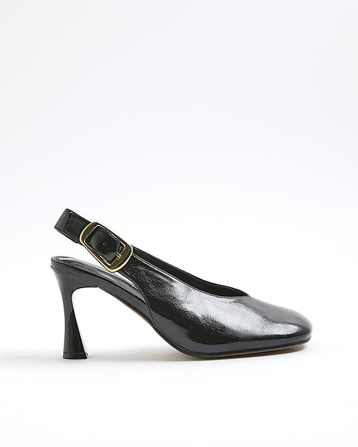Black Buckle Sling Back Heeled Court Shoes
