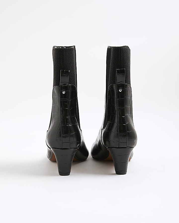 Black Kitten Heel Croc Textured Ankle Boots